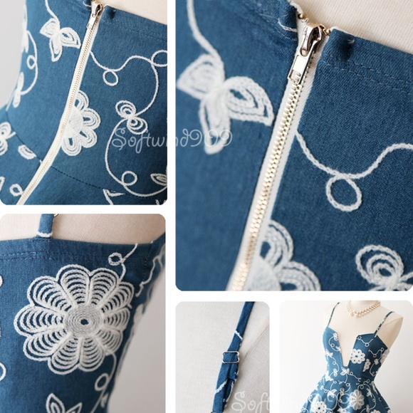 Last☝️ Blue Floral Embroidered Plunge Skater Dress - Picture 5 of 8